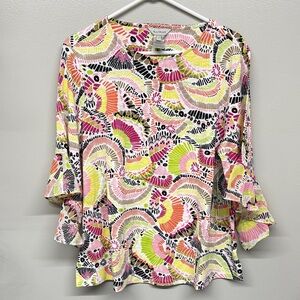 Multiples Size L Vibrant Patterned Blouse with Flared Sleeves